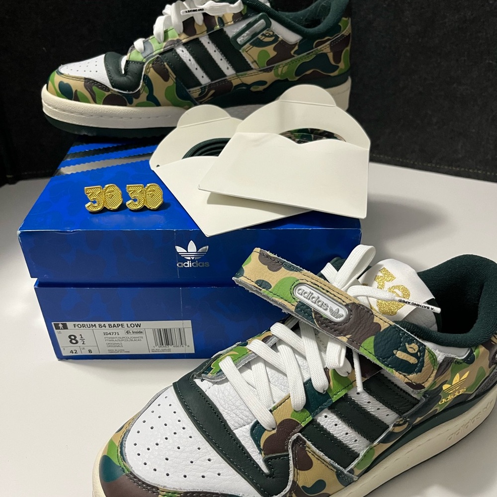 Adidas Bape x Forum 84 Low Green and White Sneakers with camo design